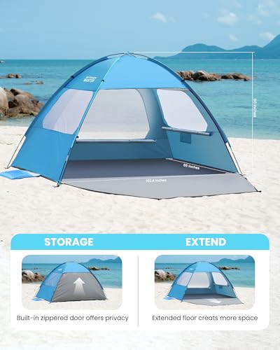 OutdoorMaster Beach Tent for 3/4/6/8 Person - Easy Setup Sun Shade Shelter, Portable Beach Shade Sun Canopy with UPF 50+ UV Protection, Removable Skylight Family Size - color: Blue, size: 4 Person