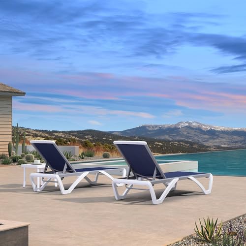 PURPLE LEAF Patio Chaise Lounge Chair Set of 3 Outside Aluminum Plastic Stackable Tanning Chairs for Pool Sunbathing Beach Deck Outdoor Lounger, Navy Blue - color: Navy Blue, style: 2 chairs + 1 table