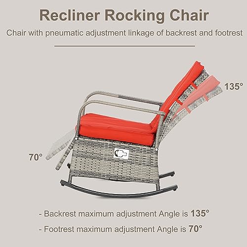 Outsunny Wicker Outdoor Rocking Chair, Patio Recliner with Adjustment Backrest, PE Rattan Lounge Chair with Adjustable Footrest and Cushions for Garden, Backyard, Porch, Red - color: Mixed Brown/Red