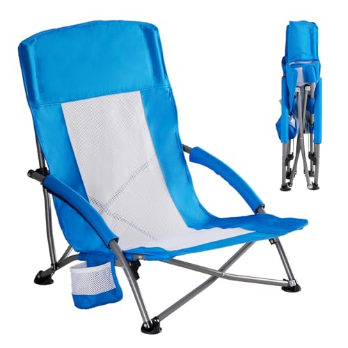 DUMOS Low Camping Beach Chair, Lightweight Folding Portable Chair with Breeze Mesh Back, Padded Armrests, Cup Holder & Storage Pocket, Low Profile Lawn Chair for Camping, Picnic, Sand, Light Blue - color: Light Blue, size: 25.79*22.24*27.36inch