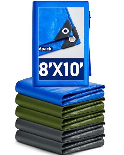 SmoothNovelty 6 Pcs Large Waterproof Tarp 8 x 10 ft Heavy Duty 5.5 Mil Thick Poly Tarpaulin with Grommets Multipurpose Protective Cover for Summer Home Boats Cars Camping Rv Pool Tent - color: Green,blue,silver, size: 8 x 10 ft