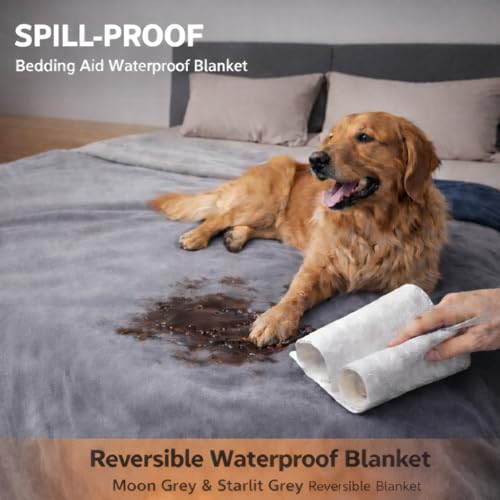 Waterproof Blanket for Bed, Couch, Kids & Pets Protection – Spill-Proof, Leakproof Flannel Blanket Reversible Design (Moon Grey & Starlit Grey, 60x80 - color: Moon Grey & Starlit Grey, size: Full
