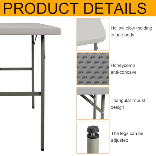 Folding Table 2.7ft Rectangular All-Occasion Plastic Folding Event Table for Indoor and Outdoor, Portable Desk, Camping, Durable and Stable, HDPE and Steel, Wide Application, Grey - color: Grey, size: 2.7ft