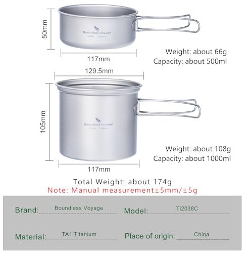 iBasingo Backpacking Cookset Titanium Camping Pots Set Ultralight Outdoor Picnic Pots Pans with Folding Handle Druable Portable Cooking Mess Kit Compact Picnic Dishes Bowls Cups (Multiple Sizes) - color: Ti2038C-1000ml+500ml pot pan set