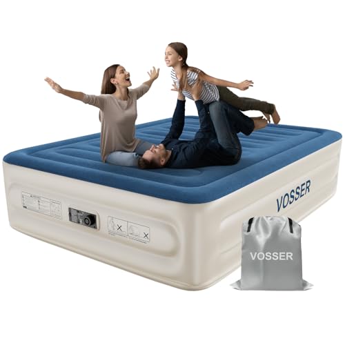 VOSSER Queen Air Mattress with Built-in Pump,18'' Raised Blow Up Mattress, Leak-Proof Air Bed with Storage Bag, Flocked Top Inflatable Mattress for Home, Camping & Guests, I-Beam, Colchon Inflable - color: Blue, size: Queen 18''(comfort Height)