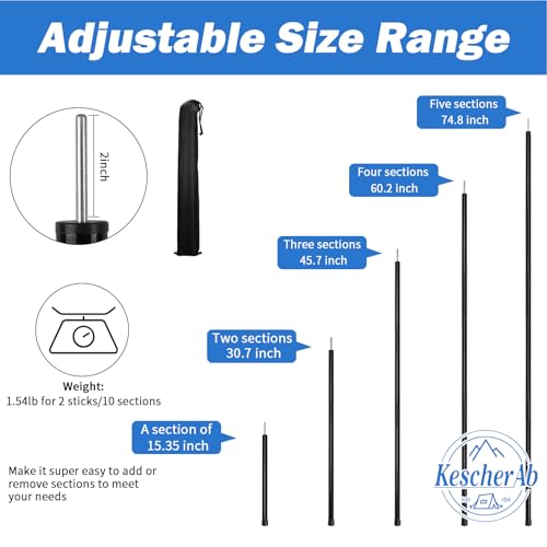Tent Poles for Tarp, KescherAb Adjustable Tarp Poles Aluminium Tarp Poles Set of 2 for Tent Fly, Awning, Outdoor Camping, Hiking, Backpacking & Rainfly with Pegs & Reflective Ropes, Black - color: Black