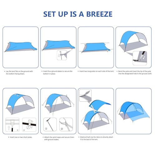 Beach Tent - Beach Shade Canopy Compact Fold (16.9x3.9″), Own Patent, 360° Ventilation, Large Side Storage Pocket, UV Protection Portable Sun Shelter for Beach (Blue, 90.5*59*53″ with 74.8*74.8″ sail) - size: 90.5*59*53″ with sail