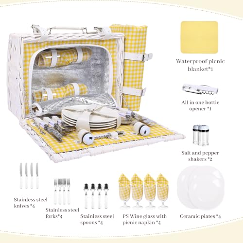 Neti Neti Wicker Picnic Basket for 4 with Insulated Cooler & Waterproof Blanket – Large Willow Picnic Hamper for Outdoor, Camping, Beach, Romantic Dates, Valentine’s Day - color: Yellow Plaid
