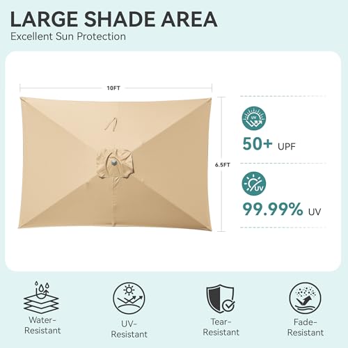 Rectangular Patio Umbrella, 6.5 x 10 ft Rectangle Table Umbrellas w/Heavy Duty Ribs, Effortless Crank and Push Button Tilt, Wind Resistant Sun Umbrella for Outdoor Patio, Beige - color: Beige