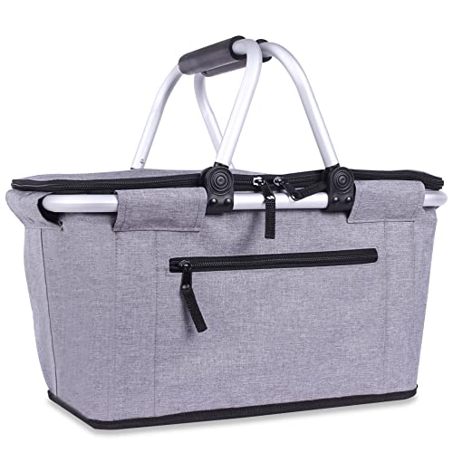 Picnic Basket, SIYUAN Collapsible Shopping Basket Insulated with 2 Handles 27L Large Cooler with Lid Portable Folding Grocery Market Tote Bag, Grey - color: Gray