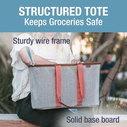 CleverMade Collapsible LUXE Tote, 30L Foldable Grocery Shopping Bag, Reusable - color: Rose Herringbone