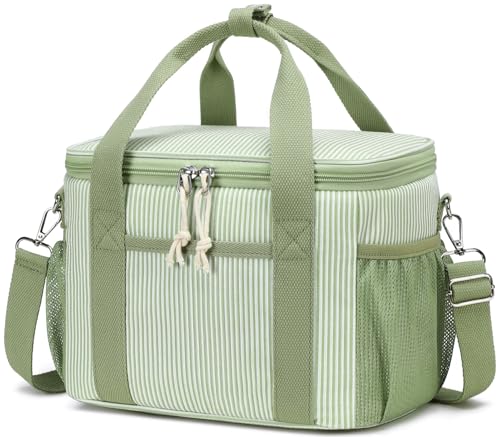 BTOOP Insulated Lunch Bag for Women, Cute Leakproof Lunch Box, Aesthetic Lunch Tote Bag with Large Capacity Shoulder Strap for Work, School, Picnic Green White Stripes - color: Green White Stripes, size: Medium