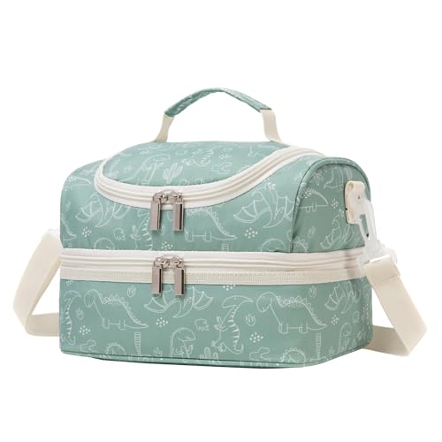 Insulated Kids Dual Compartment Lunch Bags Tote for Girls Boys Toddler Lunch Boxes Pre-School Toddler Kindergarten Picnic Camp Food Cooler Thermal with Strap - color: Green Dinos