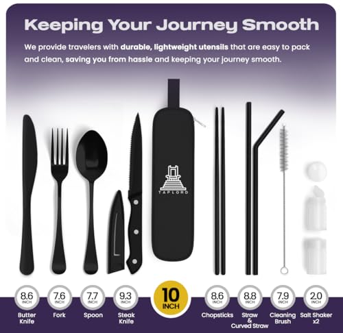 Taplord Portable Travel Silverware Set With Case, Includes 10 Pcs of Travel Utensils With Case, Stainless Steel Flatware Set For Camping, Lightweight (Black) - color: Black, size: 10 Pieces