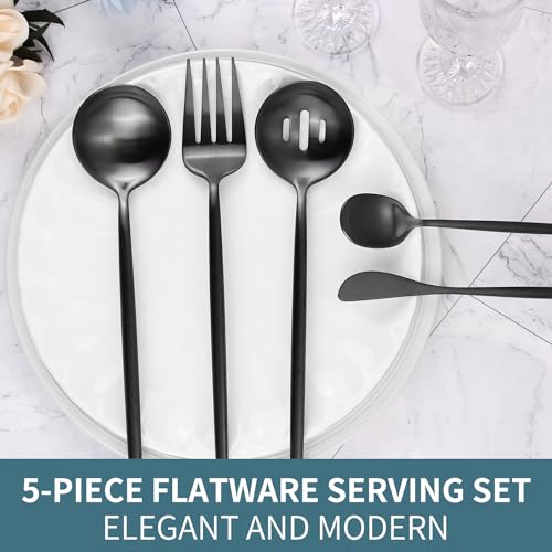 5-Piece Matte Black Stainless Steel Serving Utensils Set - Large and Slotted Spoons, Fork, Sugar Spoon, Butter Knife - Dishwasher Safe - color: Black