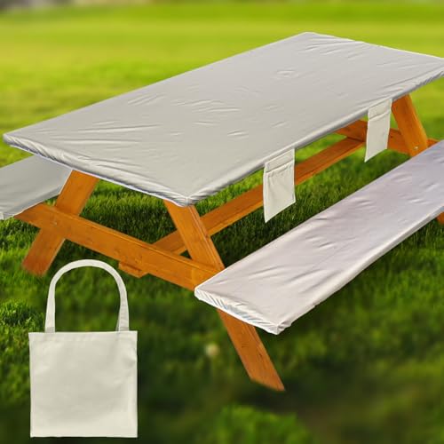 Picnic Table Cover with Bench Covers Vinyl Elastic Edges Fitted Rectangle Seat Tables Waterproof 3-Piece96X30in Set Outdoor Rectangular Folding Backing Tablecloth for Camping Over Size - color: Beige White, size: 96in