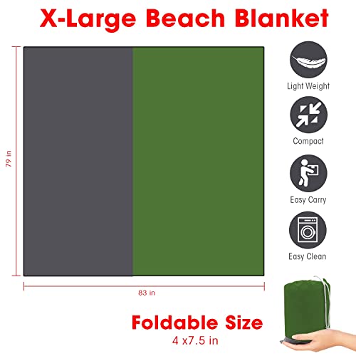 Beach Blanket XL Fast Drying Durable Lightweight Compact Outdoor Mat 83"x 79" - Sandproof Waterproof Picnic Mat for Travel, Camping, Hiking (Green) - color: Green