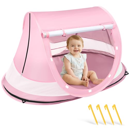 Baby Beach Tent, Pop Up Beach Tent Sun Shade for Beach, UPF 50+ UV Protection Sun Shelters for Infants with Carry Bag for Outdoor Travel, Camping(Pink) - color: Pink