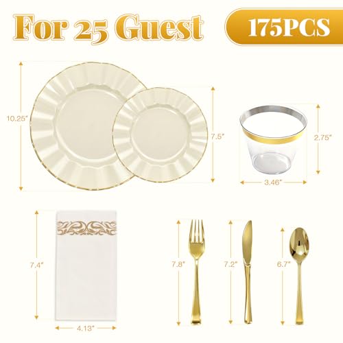 175 Piece Plastic Dinnerware Set Disposable Dinnerware Set for 25 Guests Include 50 Plastic Plates 25 Silverware Set 25 Cups and 25 Napkins for Mother's Day Party Wedding Birthday（White and Gold） - color: White and Gold
