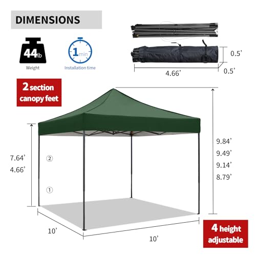 10x10 Pop up Canopy Tent with Sidewalls,Heavy Duty Waterproof Sun Shade Canopy Easy up Canopy with Wheel Bag Commercial Gazebo Tent for Outdoors Parties Vendors Camping Beach(Dark Green) - color: Dark Green