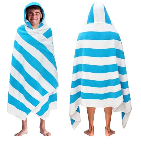 COTTON CRAFT Hooded Beach Towel - Oversized XXL 35x84 Towel with Hood for Adults - The Big Kahuna 7 Foot Beach Blanket Towel - Big & Tall Soft 100% Cotton Velour - Pool Bath Wrap - Cabana Stripe Aqua - color: Cabana Stripe - Aqua, size: 1 Pack - 35x84 Hoo