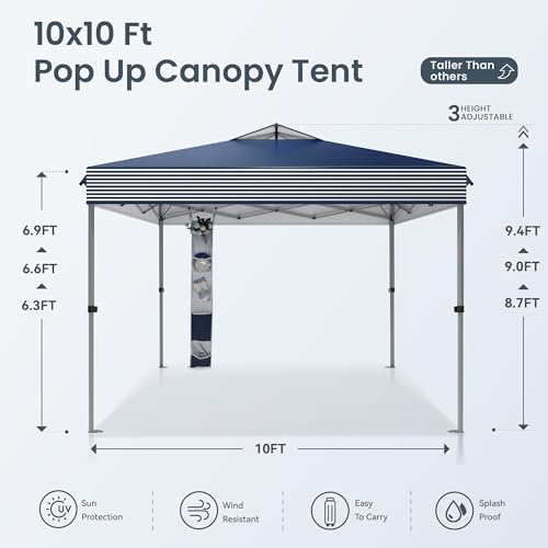 PHI VILLA 10x10 Pop Up Canopy Tent - One Push Setup, Instant Shade Tent with Vented Roof for Beach & Events - Includes Storage Bag, Sandbags, Stakes & Ropes (Navy Stripe) - color: Blue Stripe, size: 10×10 one push