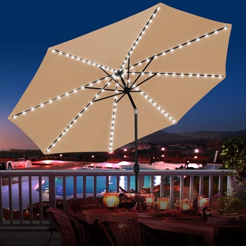 Sundale Outdoor Olefin 5-Year-Non-Fading Solar 104 LED 11FT Solar Patio Umbrella with Sand Bag Base, Outdoor Umbrella with Tilt and Crank, Tan - color: Tan, size: 11FT