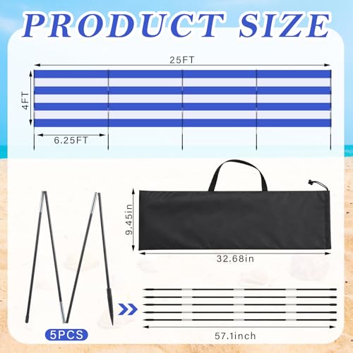 25 x 4 FT Beach Wind Screen Long Blue White Privacy Screen Portable Beach Wind Fence Blocker with 5 Foldable Metal Poles and Carry Bag for Summer Outdoor Sand Protection