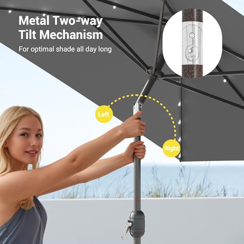 Rectangle Patio Umbrella with Solar Lights, 10 x 6.5ft Rectangular Outdoor Umbrella Table Market Patio Umbrella with Push Button Tilt and Crank for Garden, Deck, Backyard, Pool - color: Anthracite
