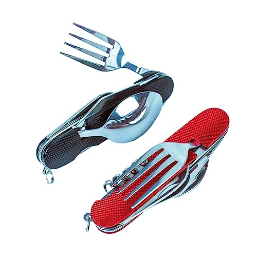 Cluck 6-in-1 Multi-Function Camping Utensil Flatware Set Detachable Spoon Fork Knife Combo Mess Kit with Carrying Pouch (Red + Black) - color: Red + Black