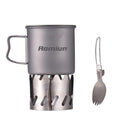 Titanium Camping Cookware Cup/Burner Combination 500ml Titanium Cup with Foldable Handle & Lid Spork Spoon Alcohol Stove Windscreen, Camping Cooking Stove and Cup Set for Backpacking