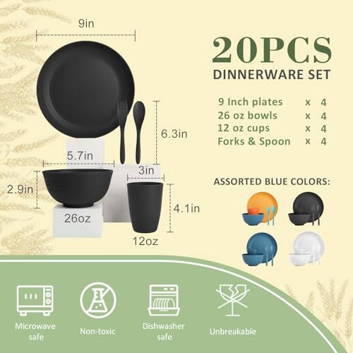 Wrova Wheat Straw Dinnerware Sets of 20,Alternative to Melamine dinnerware sets with Flatwares Dishwasher Safe,Lightweight and Unbreakable Camping Dishes for R.V.(Black) - color: Black, size: 20 Pack
