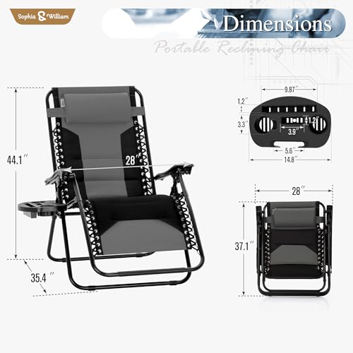 Sophia & William Oversized XL Zero Gravity Recliner Chair Set of 2 Padded, Folding Reclining Lounge Chair with Wide Armrest and Cup Holder, Support 400 LBS, Black - color: Grey, size: 2 Pack-Large