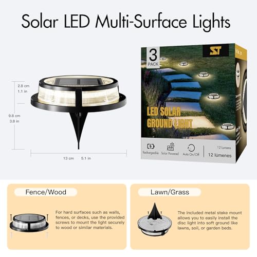 Solar Ground Lights, Outdoor Solar Deck Light, Flat Disc Lights, Waterproof Landscape Light for Garden Lawn Yard Fence Pathway - Durable Aluminum Frame with a Sturdy Metal Stake