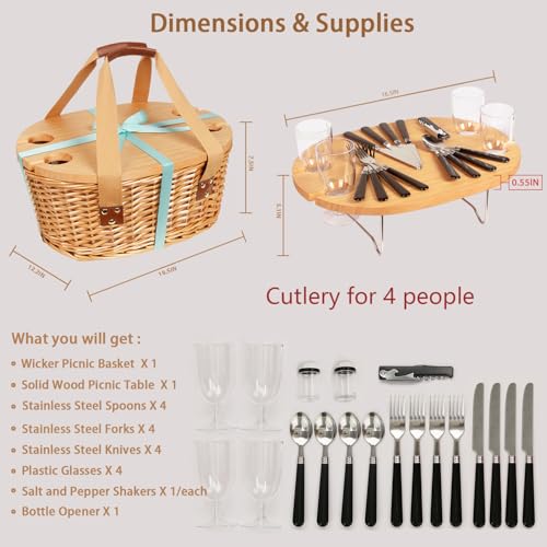 Hap Tim Wicker Picnic Basket Set for 4 with Mini Folding Wine Picnic Table & Large Insulated Cooler Bag & Cutlery Service Kits for 4 Person, Couples Gifts, Wedding Gifts (Y2209-4-GR) - color: Green, size: 4 person