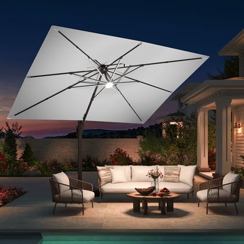 10 X 13 FT Cantilever Patio Umbrella with Led Lights Outdoor Rectangle Offset Large Double Top Heavy Duty Umbrellas with 360°Rotation for Pool Deck Backyard Garden, Fog Gray - color: Fog Gray, size: 10×13 Ft Without Base