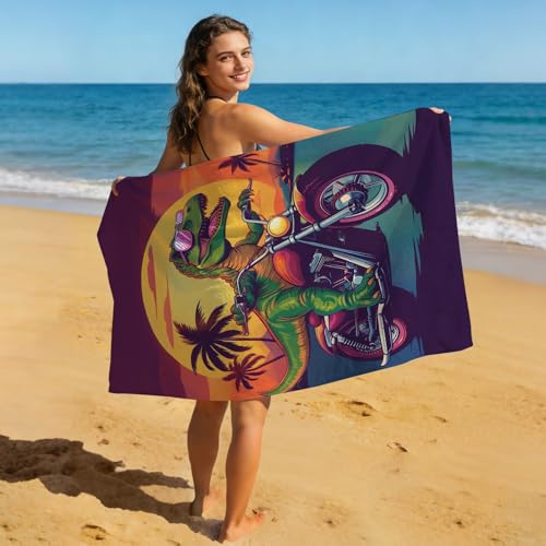 Dinosaur Beach Towel, Funny Green Dinosaur Riding A Motorcycle Towel for Boys Kids Adults, Microfiber Dino Motocross Palm Tree Sunset Swim/Pool/Travel Towels, Quick Dry Oversized 32x52 - color: Dinosaur