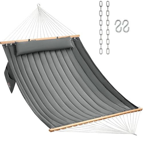 CHULIM Double Quilted Fabric Hammock with Hardwood Spreader Bars and Pillow 450 LBS Capacity 2 Person Large Hammock for Outdoor Patio Backyard Poolside - Dark Grey - color: Dark Grey