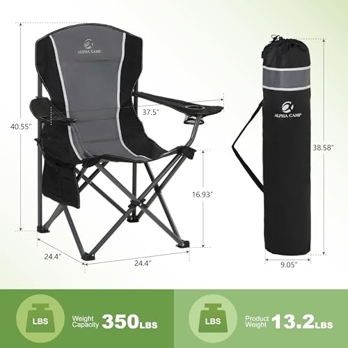 LET'S CAMP Oversized Outdoor Folding Camping Chair, 2 Pack Heavy Duty Arm Chairs with Cup Holder and Storage Bag, 350 LBS Weight Capacity, Grey - color: Black Grey, size: 2 Packs