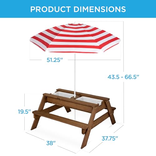 Best Choice Products Kids Picnic Table with Umbrella, 3-in-1 Sand & Water Table, Outdoor Convertible Picnic Table for Toddlers, Seats 4, Removable Top, 2 Buckets - Walnut/Red - color: Walnut/Red