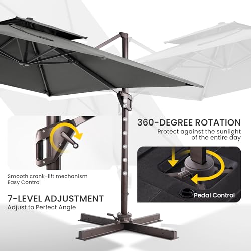 10x10 FT Cantilever Patio Umbrella Double Top Outdoor Square Large Heavy Duty Aluminum Offset Umbrellas with 7 Level Tilt 360-degree Rotation for Pool Garden Deck, Grey - color: Grey, size: 10' X 10' - Umbrella Only