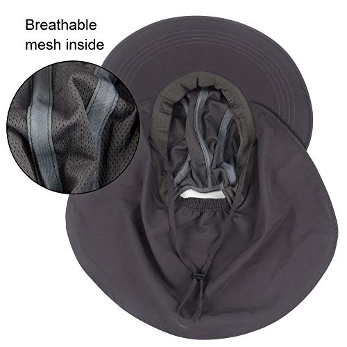 Muryobao Women's Sun Hat Outdoor UV Protection Foldable Mesh Hat Wide Brim Summer Beach Fishing Cap with Neck Flap - color: Dark Grey