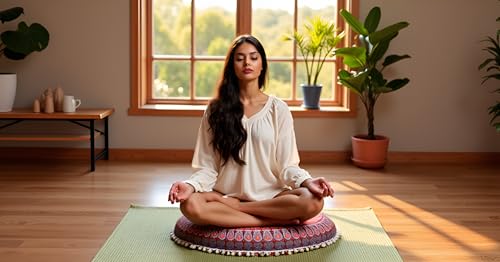 CRAFT KALA Round Mandala Boho Pillow Cover Meditation India Room Seating Poufs Cover for Living Room Yoga Room Home Décor Bedroom Balcony Garden Decoration Cotton Floor Cushion Cover 22" Maroon Mirchi - color: Maroon Mirchi, size: 22"