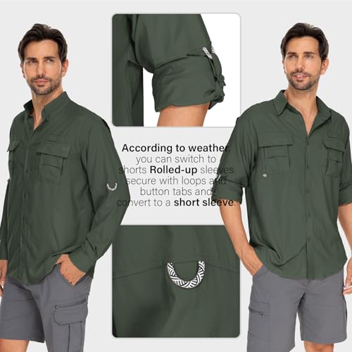 Mens Safari Shirts Long Sleeve UV Protection Hiking Fishing UPF 50+ Quick Dry Camping Travel Shirts - color: Army Green, size: Medium