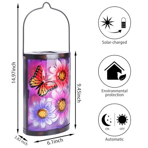 Hanging Solar Lantern Outdoor Waterproof Flowers Butterfly Solar Lights Glass Tabletop Decorative Lamp for Outdoor Patio Garden Outside Yard Decor - style: Flower and Butterfly