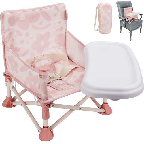 Tiny Marvels 3-in-1 Portable Baby Chair, Foldable Booster Seat with Removable Tray, Safety Harness & Carry Bag for Dining, Travel, Camping, Beach, 6M-3Y (Blush Bloom) - color: Blush Bloom