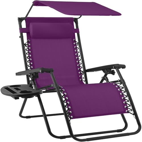 Best Choice Products 30” Wide Folding Zero Gravity Outdoor Recliner Patio Lounge Chair w/Adjustable Canopy Shade, Headrest, Side Accessory Tray - Amethyst Purple - color: Amethyst Purple, size: Oversized Extra Wide
