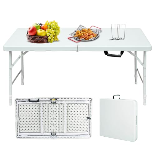 Portable Plastic Folding Table 4ft/6ft/8ft Heavy Duty White Black Picnic Dining Table Fold-in-Half for Camp Party Kitchen Indoor Outdoor (White, 4FT) - color: White, size: 4FT, style: Flat Desktop
