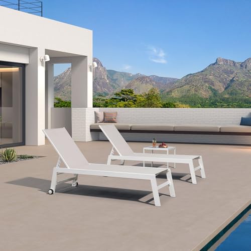 PURPLE LEAF Patio Lounge Chair 2 Pieces White Aluminum Outdoor Chaise Lounge for Pool Backyard Beach with Wheels and Table, Linen - color: Linen, style: Standard Inclining-leg