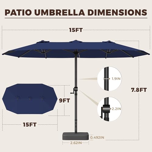 GDPFN 15ft Patio Umbrella with Base Include, Large Outdoor Double-Sided Rectangle Umbrella with Easy Crank Handle for Poolside, Garden & Deck - Navy Blue - color: Navy Blue, size: With Base-no Led